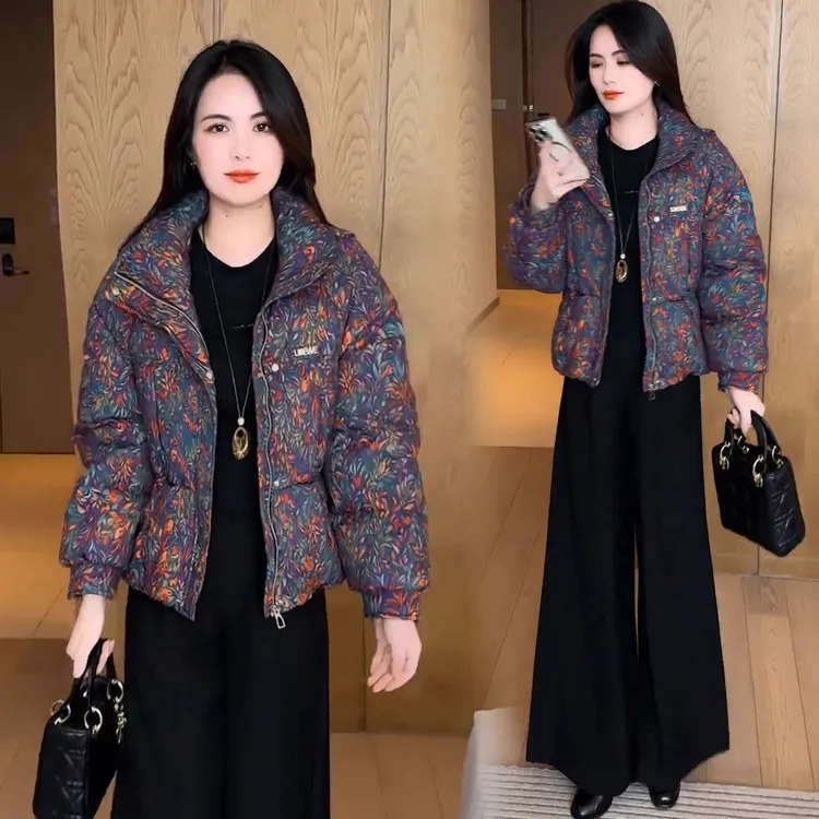 时髦印花棉服女2025冬季新款洋气立领宽松显瘦加厚保暖百搭面包服