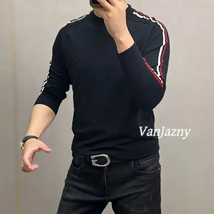 【VanJazny】秋季秋冬高端男士简约休闲圆领羊毛针织条纹毛衣89597
