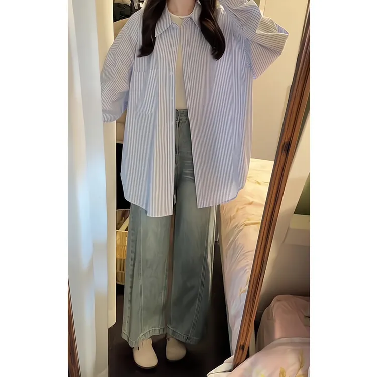 2025新款女士早春季时尚穿搭休闲宽松百搭衬衫上衣高腰阔腿牛仔裤