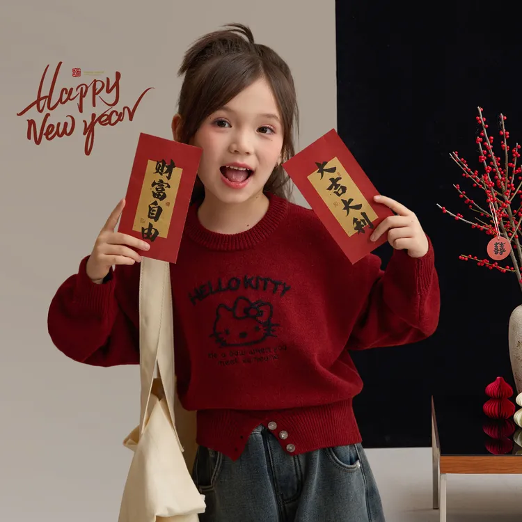 辰辰妈【招财猫】HelloKitty女童圆领短款毛衣保暖新年上衣8934DH-1