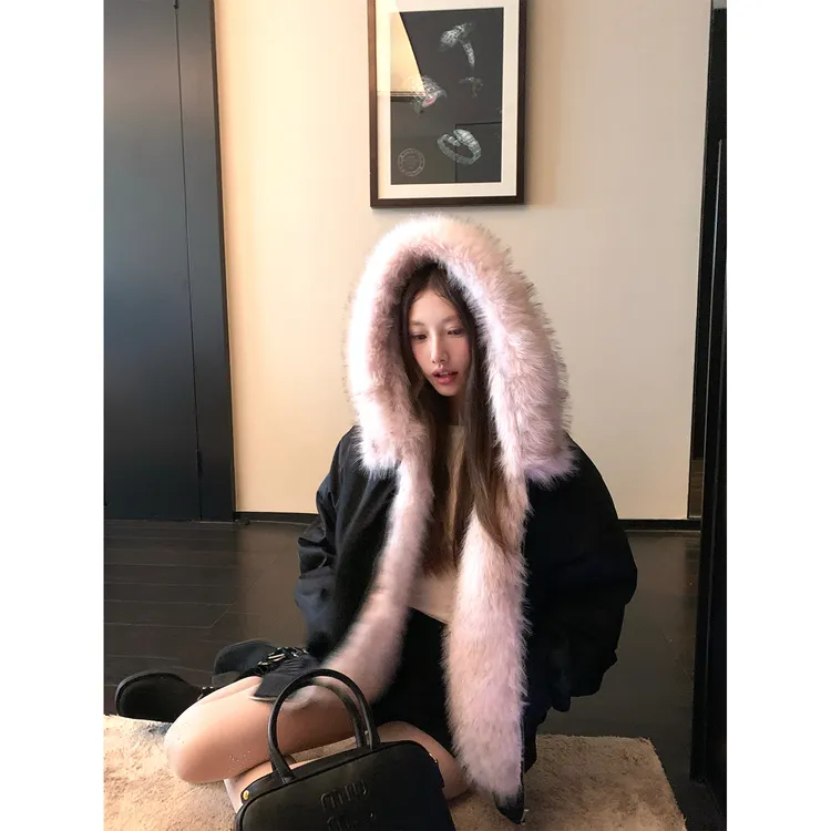 板栗可可Bankelili雪山派克 粉色碎花毛毛里连帽保暖棉服外套女冬