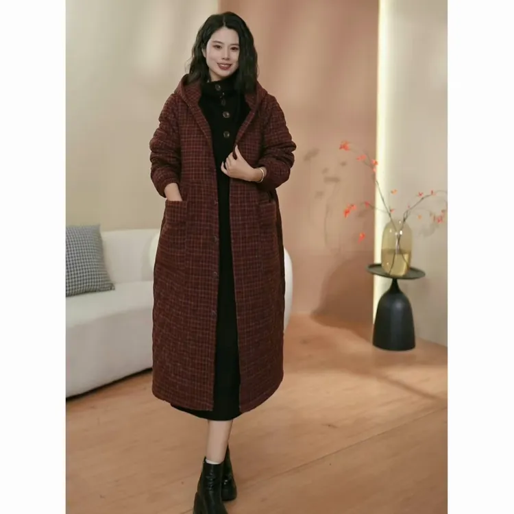 【加绒加棉加厚】冬季中长款休闲保暖气质复古显瘦连帽棉服外套格子