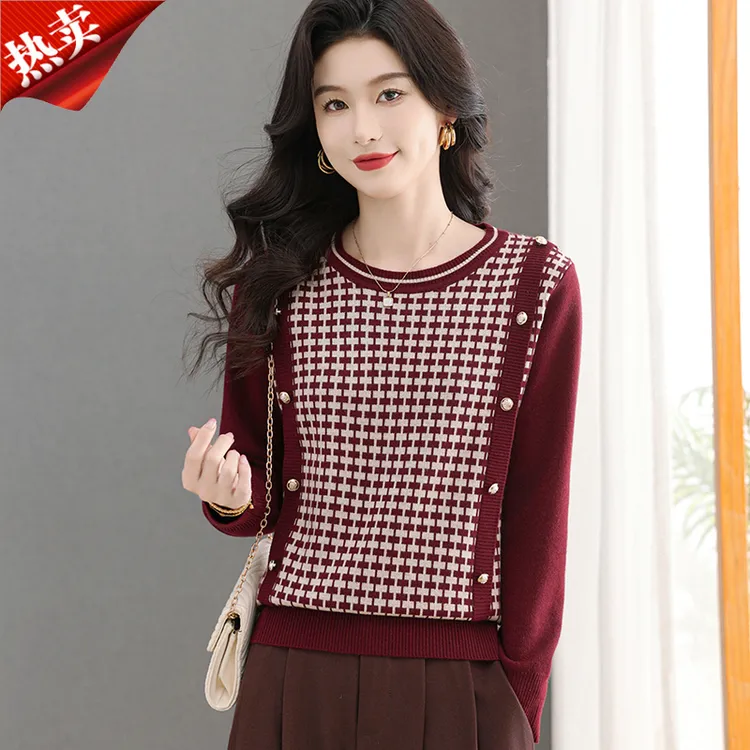 哥弟阿玛施正品假两件长袖针织衫女士千鸟格内搭打底衫保暖毛衣冬