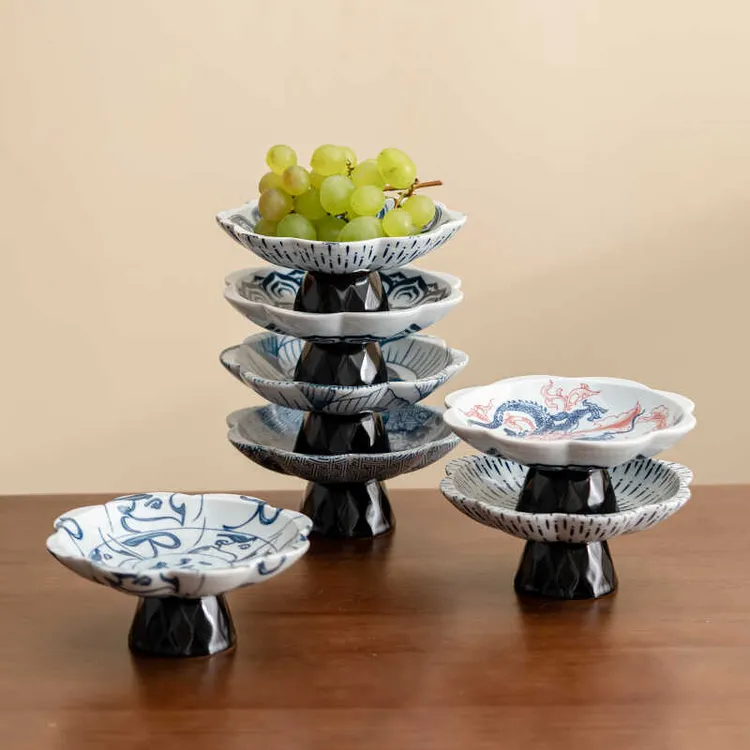 日式陶瓷高脚水果盘家用客厅茶几零食糖果点心干果坚果摆放托盘