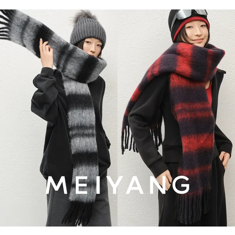 美洋MEIYANG 墨彩围巾 穿搭小tip~羊毛混纺撞色条纹流苏围脖-周二