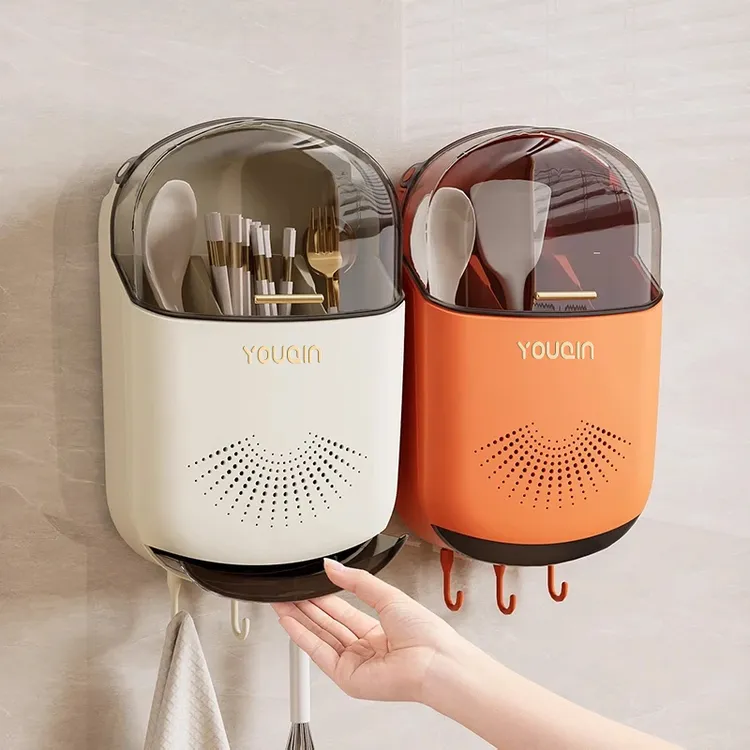 贝凯带盖筷子收纳盒防尘厨房筷子筒置物架墙上壁挂式沥水勺子筷笼