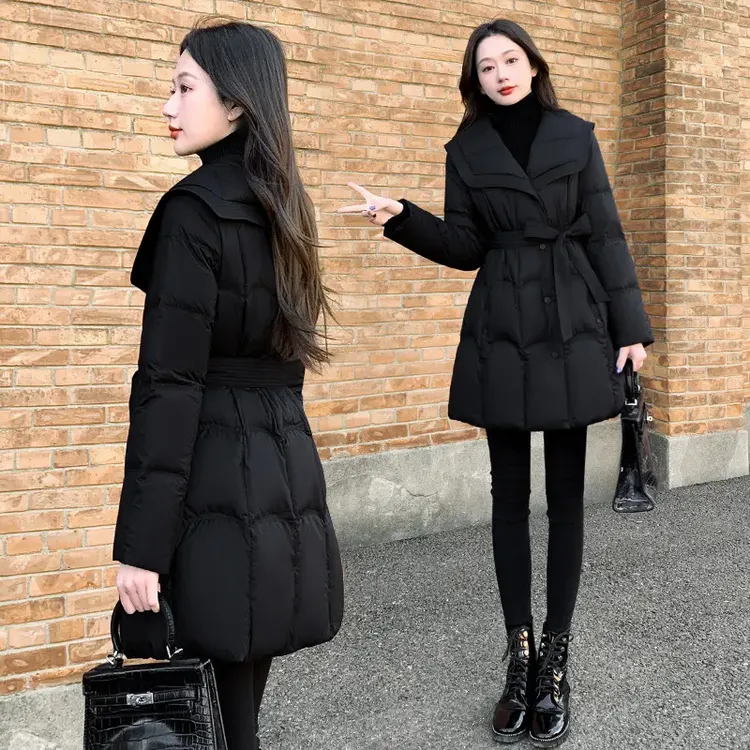 抖音双十二女装冬季修身收腰中长款加厚棉服女黑色海军领保暖外套