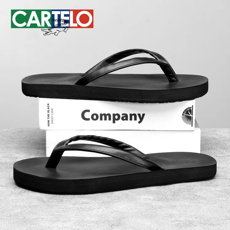 卡帝乐鳄鱼人字拖男皮面夏季休闲户外情侣防滑软底高端拖鞋男款