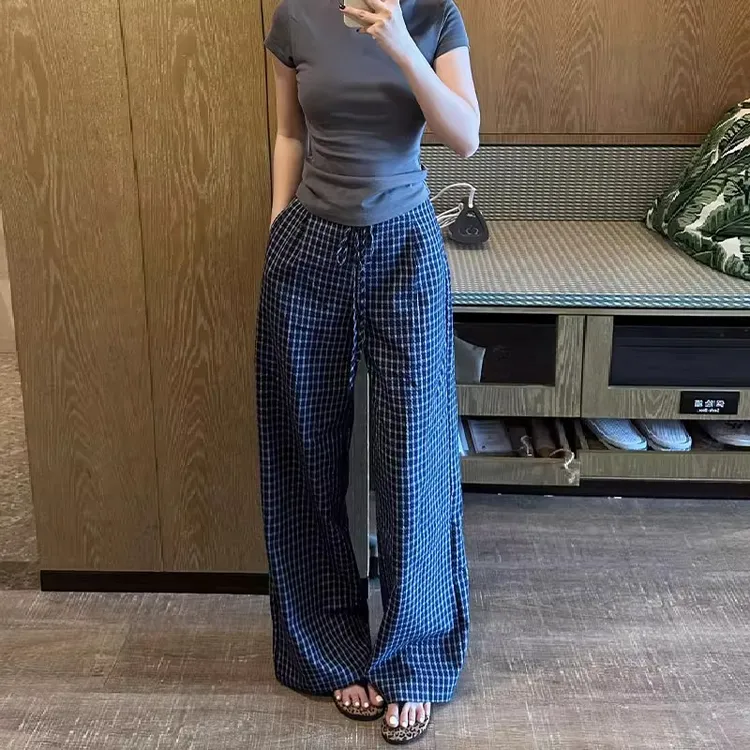 藏青色格子裤子女夏季宽松显瘦垂坠感遛弯裤木耳边直筒休闲阔腿裤