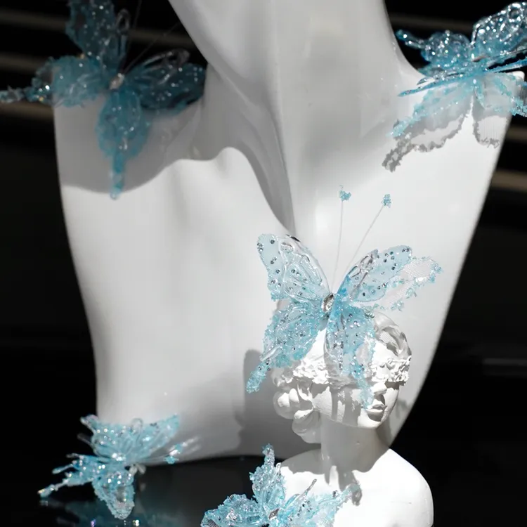 06002新款超仙冰蓝色碎钻蝴蝶新娘婚礼头饰百搭发夹