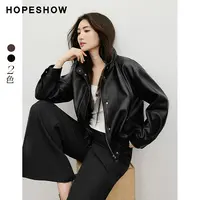 红袖2025秋新款女装 两穿领拉链落肩长袖短款PU皮外套90225290402