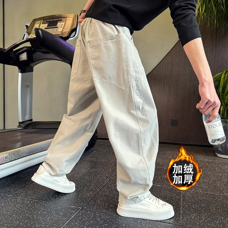 原创弯刀牛仔裤男款秋冬潮流阔腿男裤2025新款加绒设计感休闲裤子