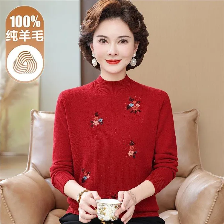 中老年人女装秋冬半高领打底衫套头宽松大码妈妈毛衣100%纯羊毛衫