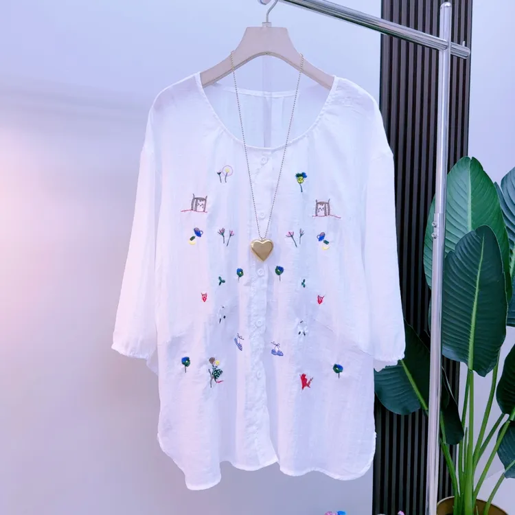 胖mm时尚气质显瘦遮肉刺绣宽松0760百搭韩版轻奢清凉半袖