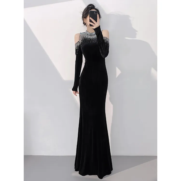 黑色晚礼服女2025新款高级感宴会气质年会长袖丝绒主持人鱼尾裙冬