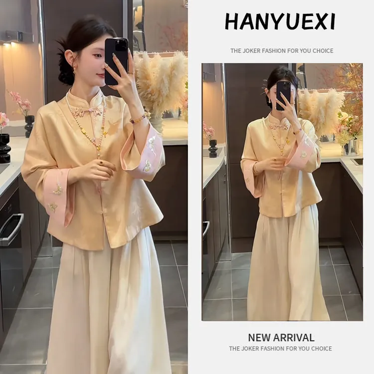 秋季时尚一整套女装2025新款新中式国风刺绣外套休闲阔腿裤两件套