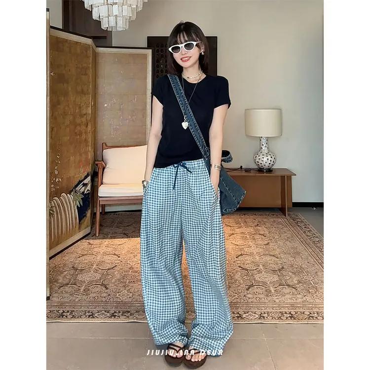 【蓝海琉璃】莱赛尔+亚麻清爽格纹百搭舒适显瘦阔腿裤休闲裤女