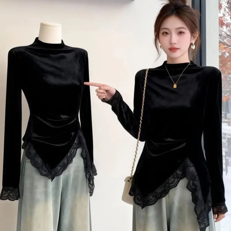 大码不规则蕾丝拼接黑色丝绒上衣女秋冬季气质内搭长袖t恤3572