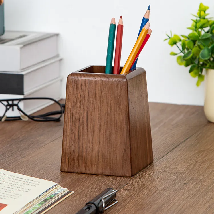 黑胡桃木笔筒轻奢办公桌收纳盒实木笔座桌面文具用品办公室小摆件