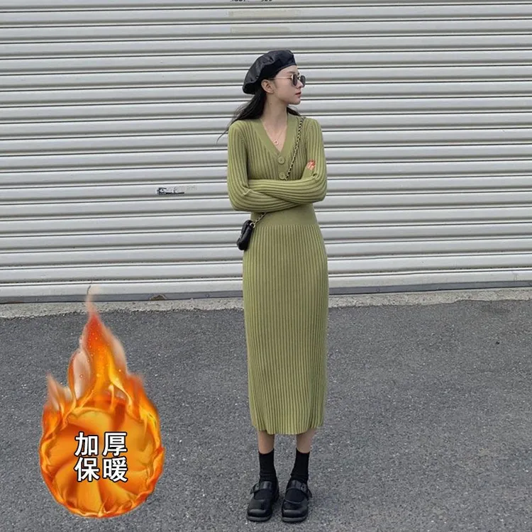 赫本风修身显瘦气质长裙内搭打底黑色毛衣长袖针织连衣裙子女秋冬