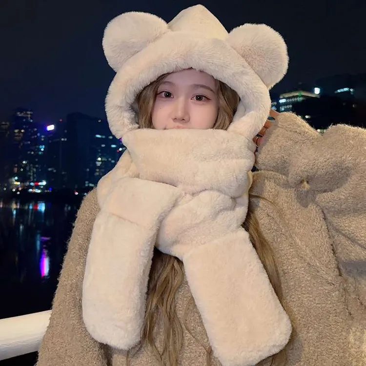 FAVMARTHA小熊帽子秋冬女围巾大头围围脖手套一体连帽可爱保暖冬