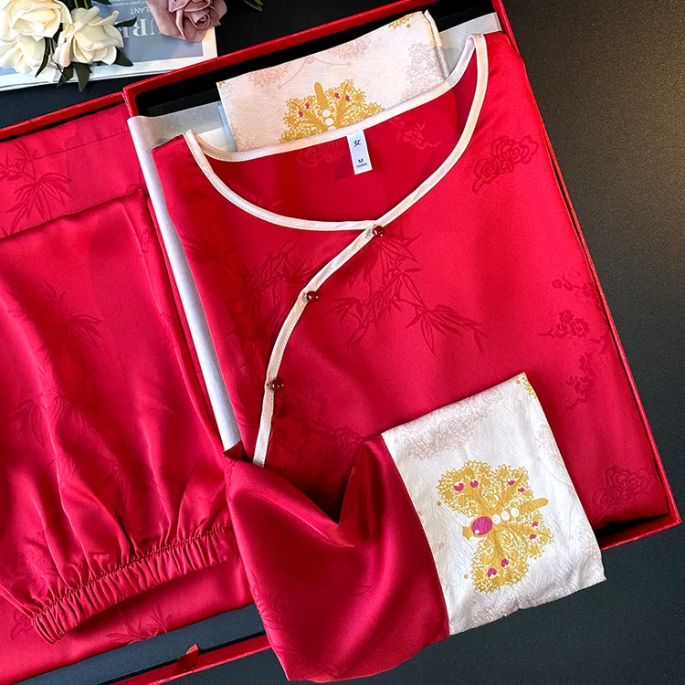 中式国风冰丝结婚红色娘娘睡衣女士春夏薄款新年家居服套装提花