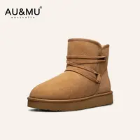 AUMU澳洲羊皮毛一体雪地靴女2025新款真皮加绒防滑绑带中筒靴2108