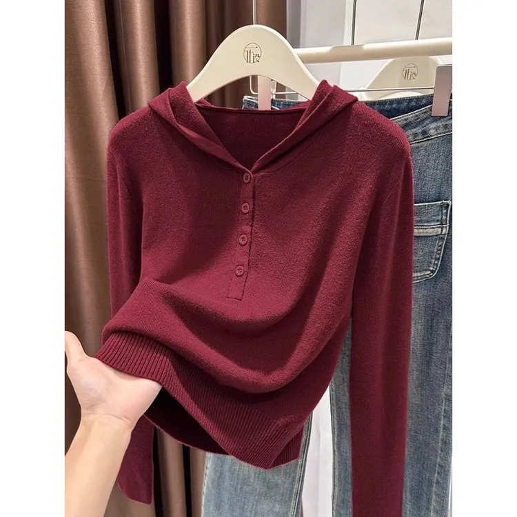 芯娇晴连帽针织衫女2025新款宽松休闲卫衣安哥拉红套头长袖毛衣薄