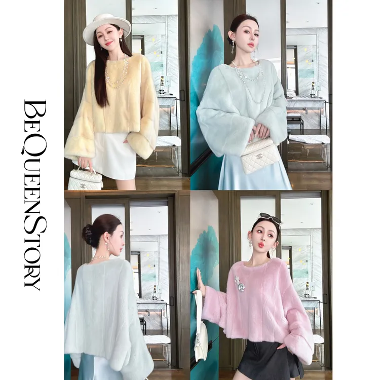 余潇潇【摩登贵妇】轻奢进口天鹅绒撞坎工艺一字领蝙蝠袖水貂上衣