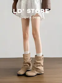 软皮版~内增高西部牛仔靴女2025秋季新款复古粗跟搭扣短筒骑士靴