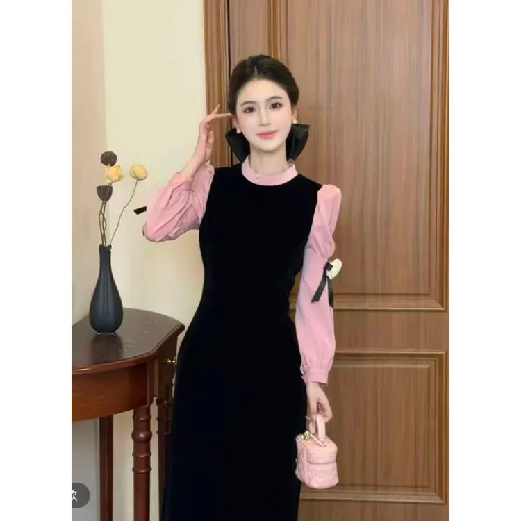 LiLi李李家黑粉玫瑰法式千金风高级感撞色黑丝绒连衣裙