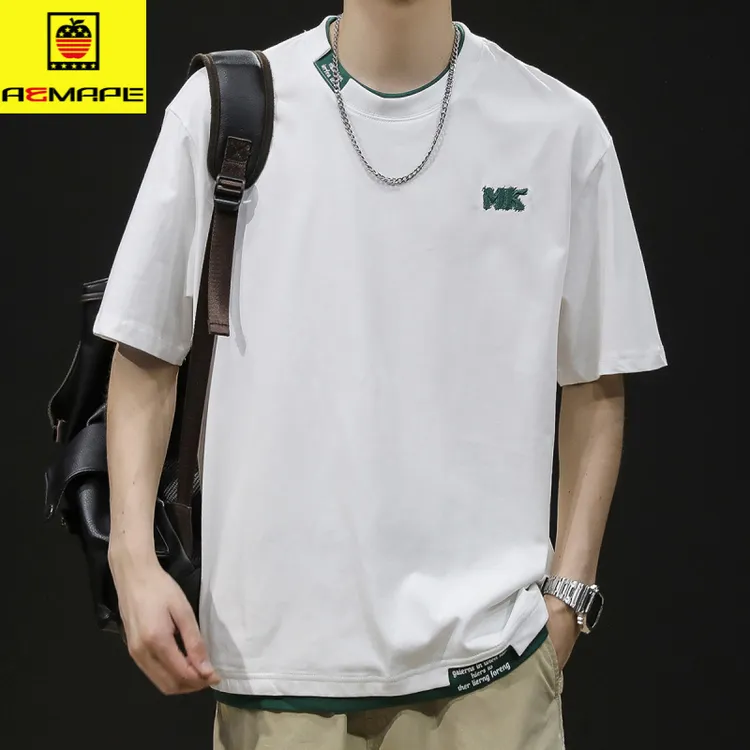 假两件短袖t恤男士潮牌大码百搭夏季新款衣服男款纯棉男装体恤衣