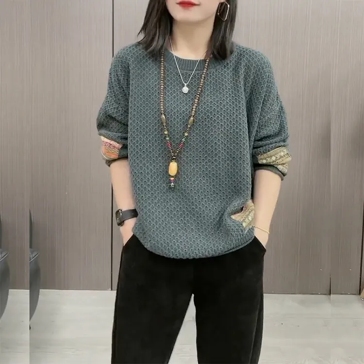 复古民族风时尚长袖针织衫毛衣女2025春秋新款宽松显瘦打底上衣潮