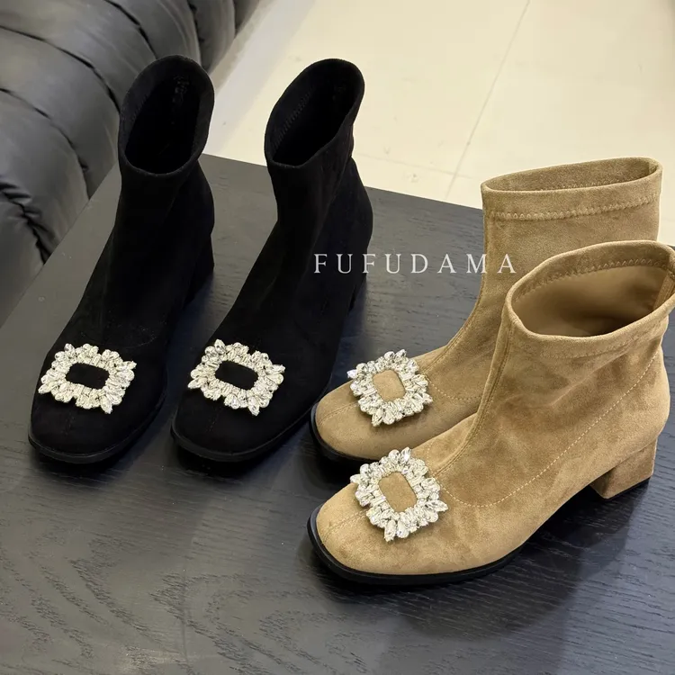 【胖福福大码女鞋】靴子女款方头粗跟水钻气质高跟瘦瘦靴