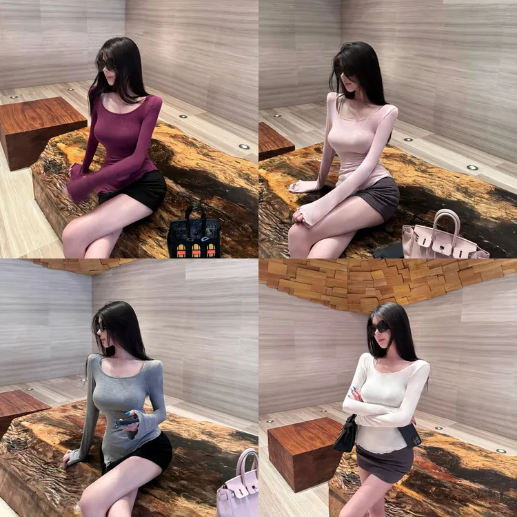 【6-8运补】百搭长款修身型时尚休闲中U型领长袖T恤潮+白色短袖