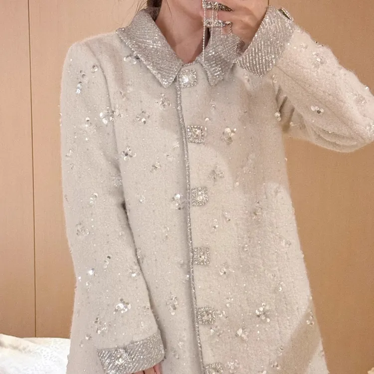 【若汐专属】超重工亮片钉珠娃娃领羊毛呢中长款外套25秋冬新款