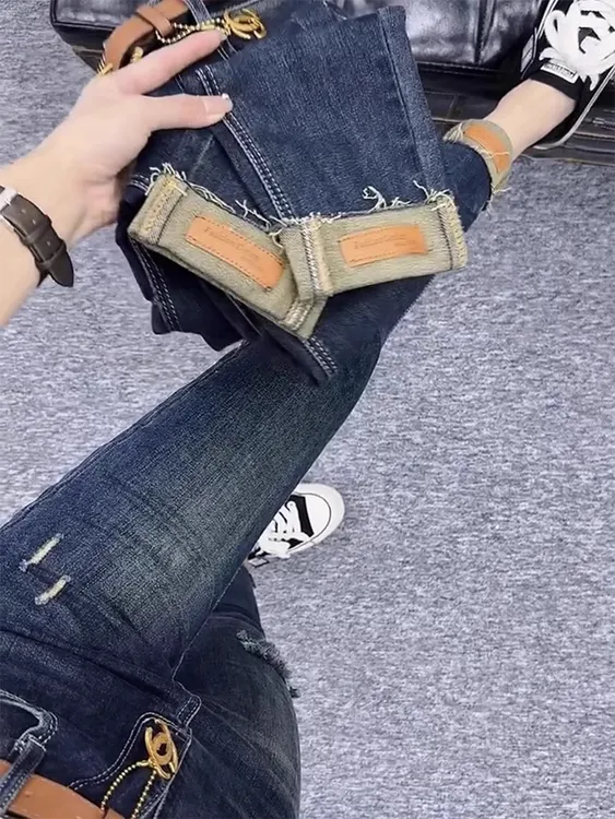2025年早秋新款卷裤脚九分小个子牛仔裤女高腰弹力修身显瘦小脚裤