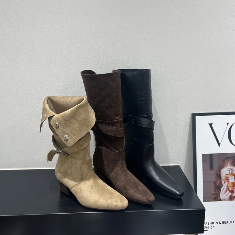 高跟绒面尖头堆堆靴中筒骑士靴女靴子2025秋冬季棕色长筒瘦瘦长靴