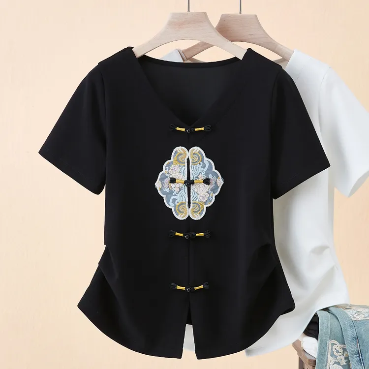 复古国风新中式盘扣刺绣T恤女短袖2025夏季新款v领正肩t恤R6595