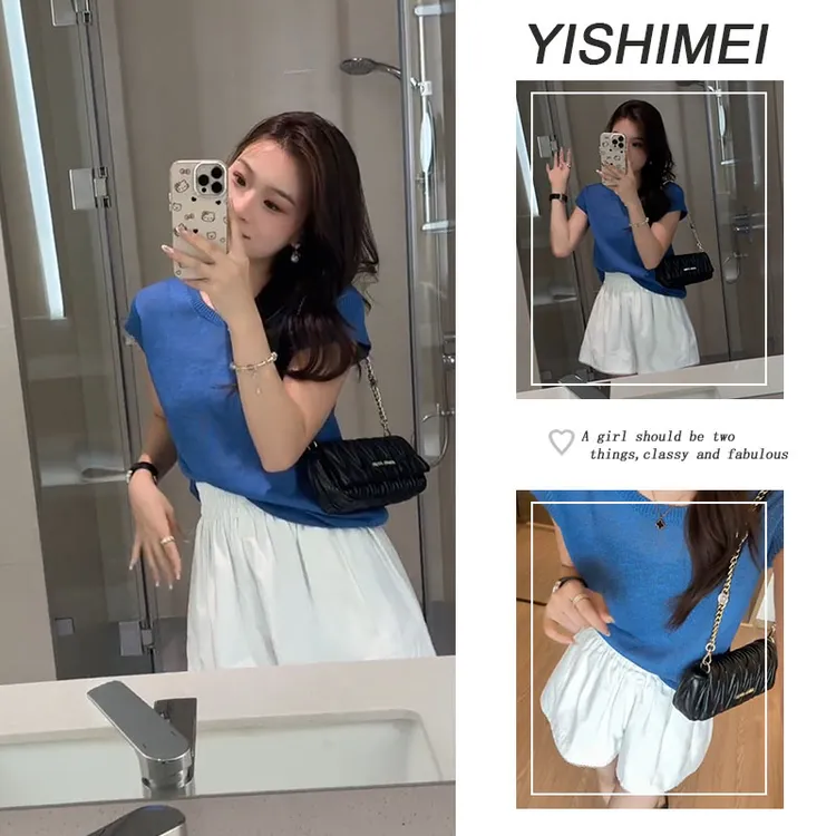 2025新款夏季女多巴胺蓝色显白V领针织短袖上衣休闲蕾丝花边短裤