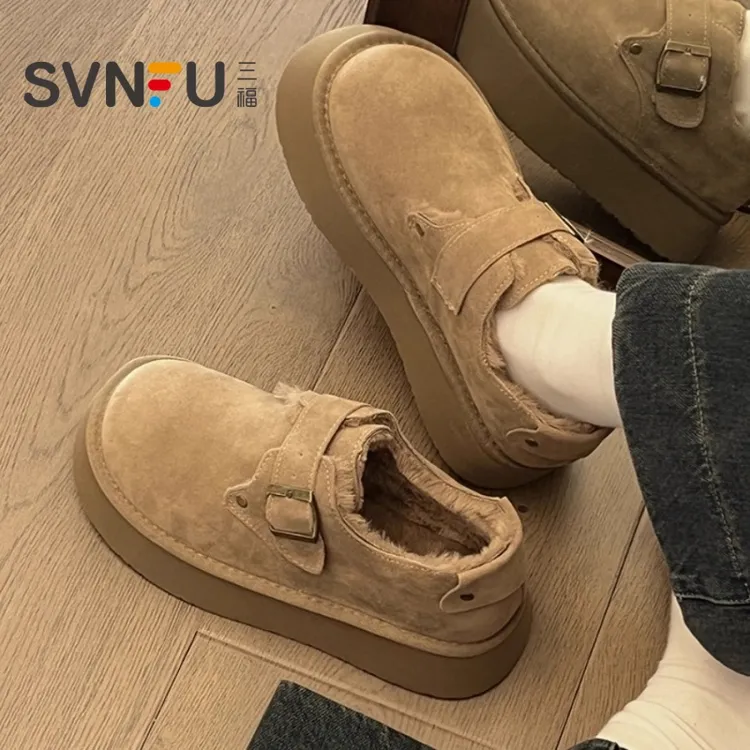 三福全包加绒勃肯鞋女2025冬新款外穿保暖雪地靴一脚蹬厚底乐福鞋