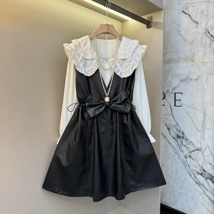 2025秋季新款娃娃领轻奢蝴蝶结宽松胖m显瘦上衣+吊带裙两件套7203