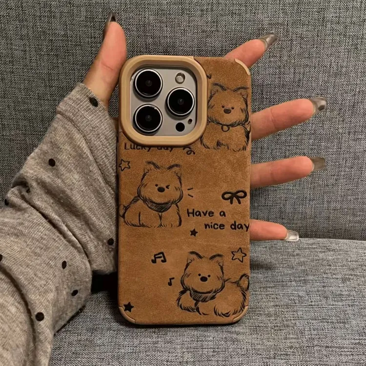 三只西高地棕色适用苹果17/16华为小米手机壳iPhone15翻毛皮14/13