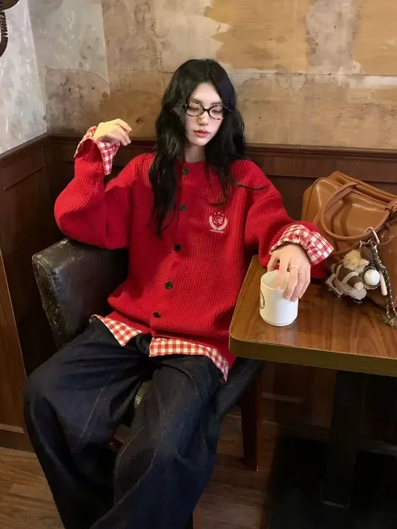 大码慵懒风叠穿针织复古格子开衫上衣假两件加绒原牛阔腿裤套装