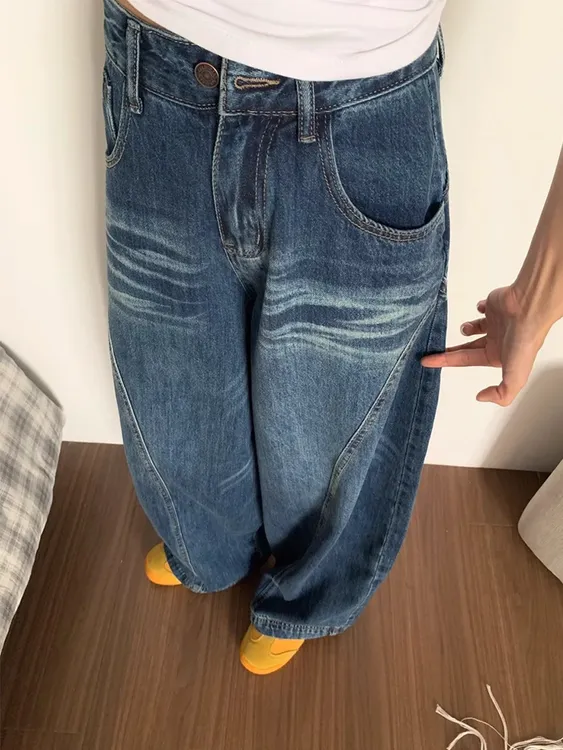 美式水洗弯刀牛仔裤女2025夏季新款高腰宽松显瘦垂感直筒镰刀裤子