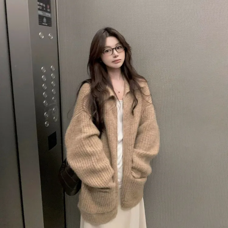 实价#羊驼绒#温柔韩系复古拉链毛衣外套女秋冬宽松慵懒感针织开衫