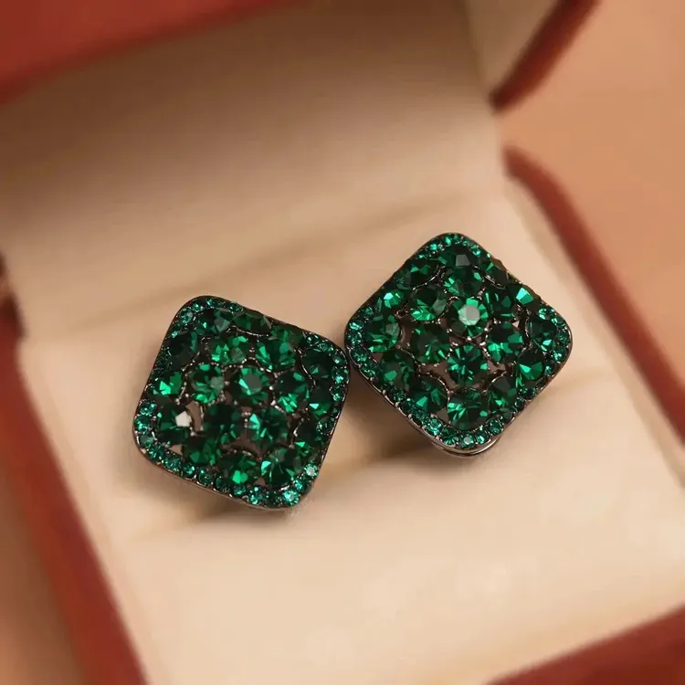 金锆石耳饰意大利【设计师】满钻绿色耳钉萎形