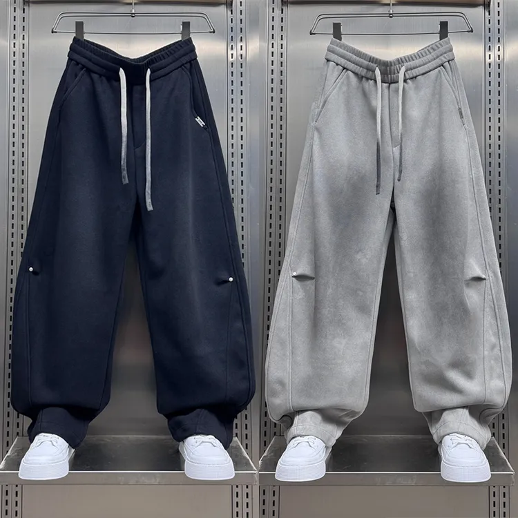 秋冬2025加绒美式潮牌宽松阔腿休闲卫裤男士渐变拼接运动裤弯刀裤