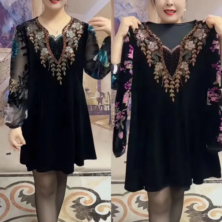 亮钻连衣裙黑色拼接套头修身气质轻熟风烫钻冬季