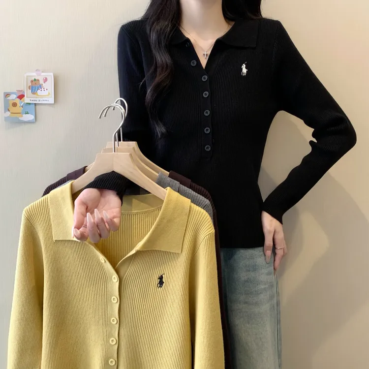 高级老钱风排口翻领毛衣针织衫大码显瘦刺绣毛衣3779